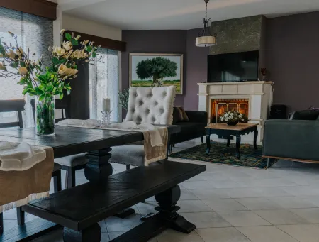 dining area and fireplace