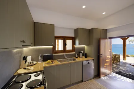  Cottage kitchen interior with stove and counter